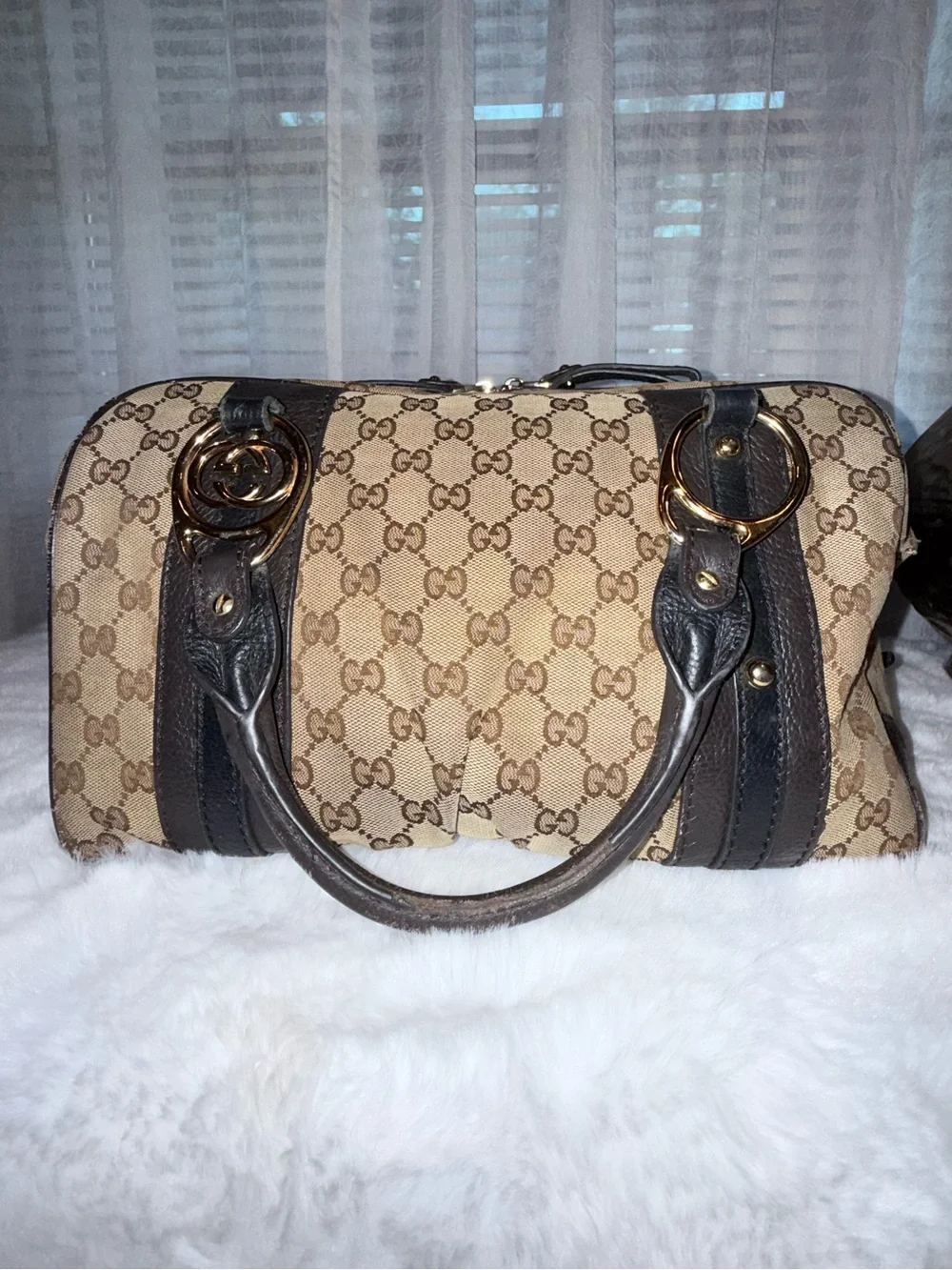 Gucci Beige GG Supreme Boston Bag with Leather Trim